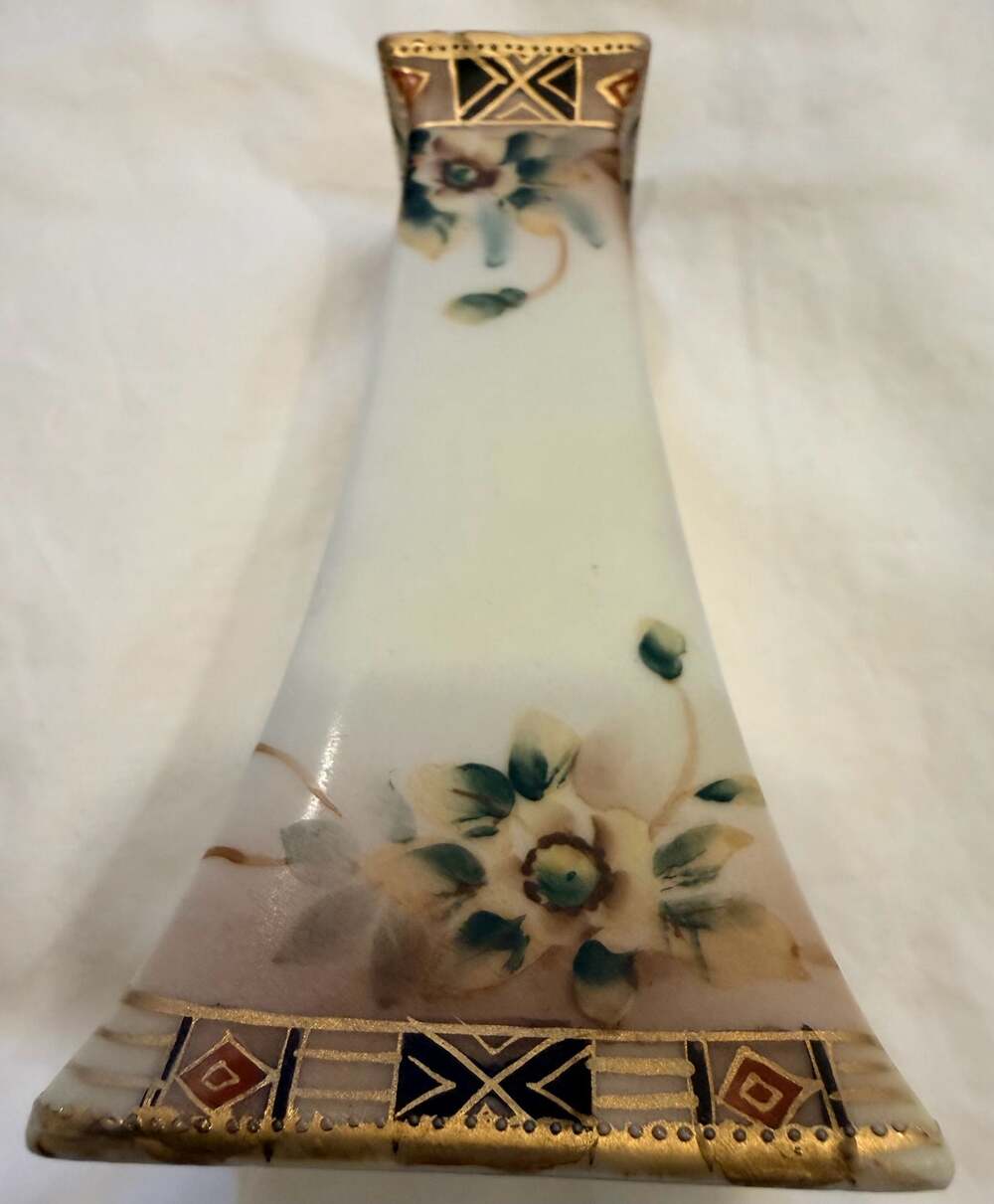 Antique Nippon Hand Painted Porcelain Hat Pin Holder with Floral and Gold Art De